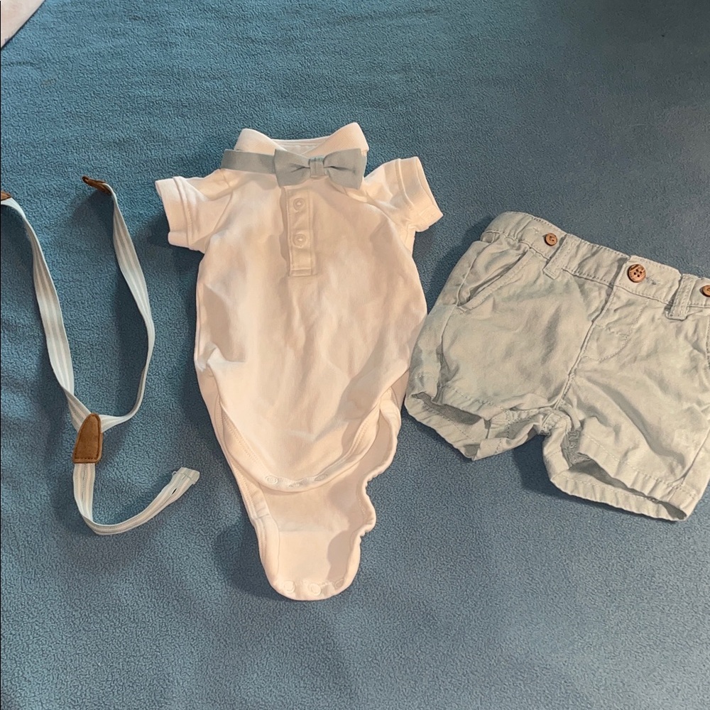 C & A four-piece baby boy outfit-onesie, shorts, bowtie, suspenders size 3-6 mos